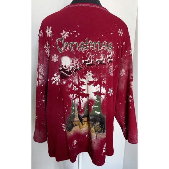 Vtg Red Christmas Pullover Shirt Santa Sleigh Reindeer Rhinestones Snowflake - Picture 3 of 16